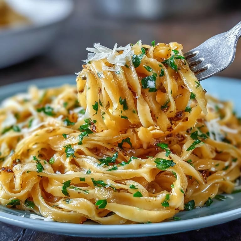 Golden strands of fresh truffle egg pasta glistening with butter and truffle oil, garnished with Parmesan and freshly cracked pepper.  