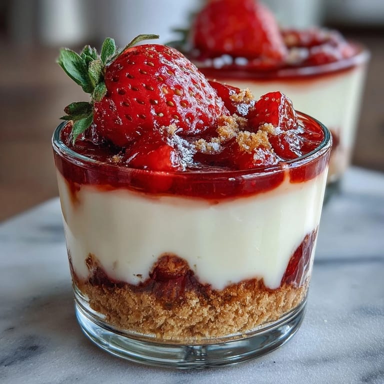 Creamy vanilla cheesecake filling layered with macerated strawberries in individual cups, topped with fresh strawberry halves.  