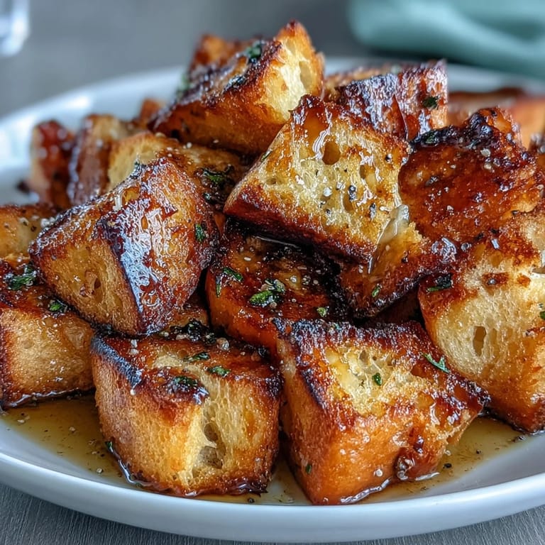 Oven-roasted sourdough cubes seasoned with garlic and herbs, adding crispy texture and rich flavor to every spoonful of French onion soup.  
