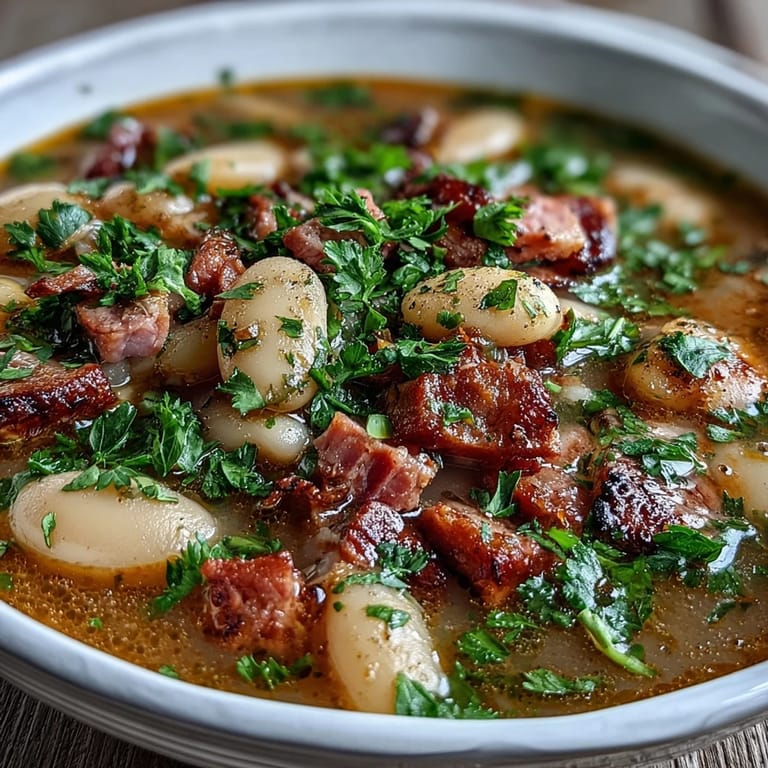 Hearty bean soup with smoked ham and potatoes, featuring tender vegetables and smoky flavors, served hot in a rustic ceramic bowl.