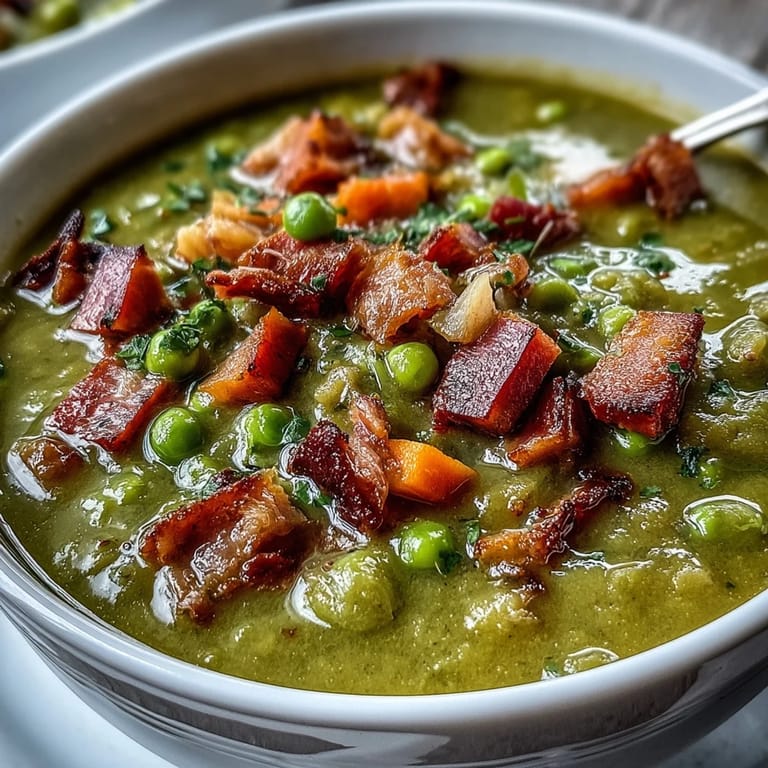 Hearty split pea soup with diced carrots, savory ham, and fragrant herbs for a classic American meal.