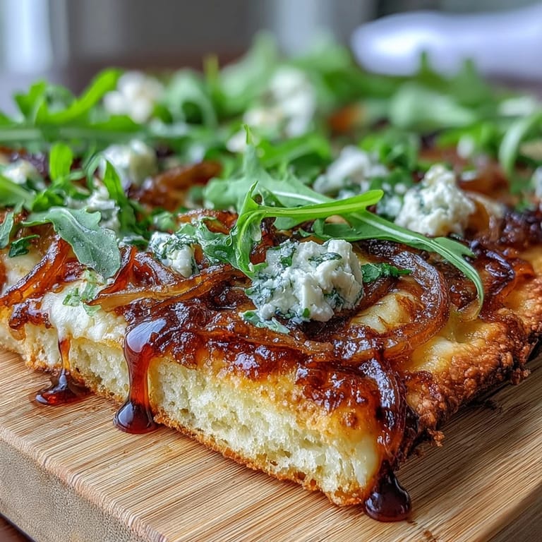 A gourmet flatbread pizza featuring sweet caramelized onions, melted mozzarella, tangy goat cheese, and peppery arugula with balsamic drizzle.