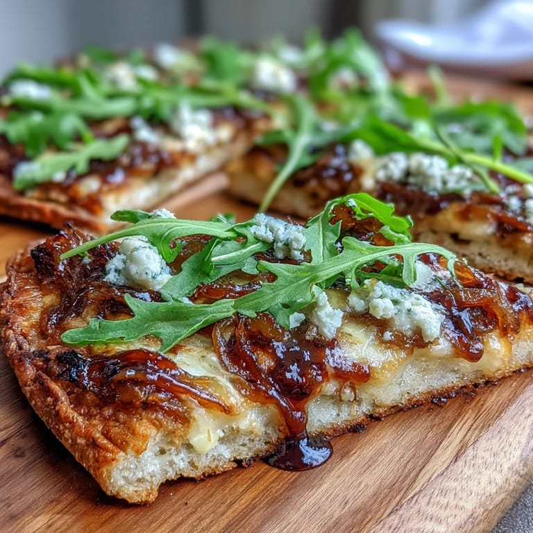 Golden crisp flatbread pizza with rich caramelized onions, melted cheese, fresh arugula, and a tangy balsamic glaze for a perfect bite.