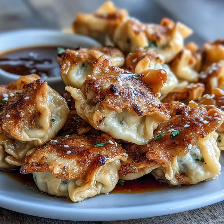 Air-fried chicken dumplings with juicy filling and crispy edges, paired with a sweet and tangy sesame soy sauce.