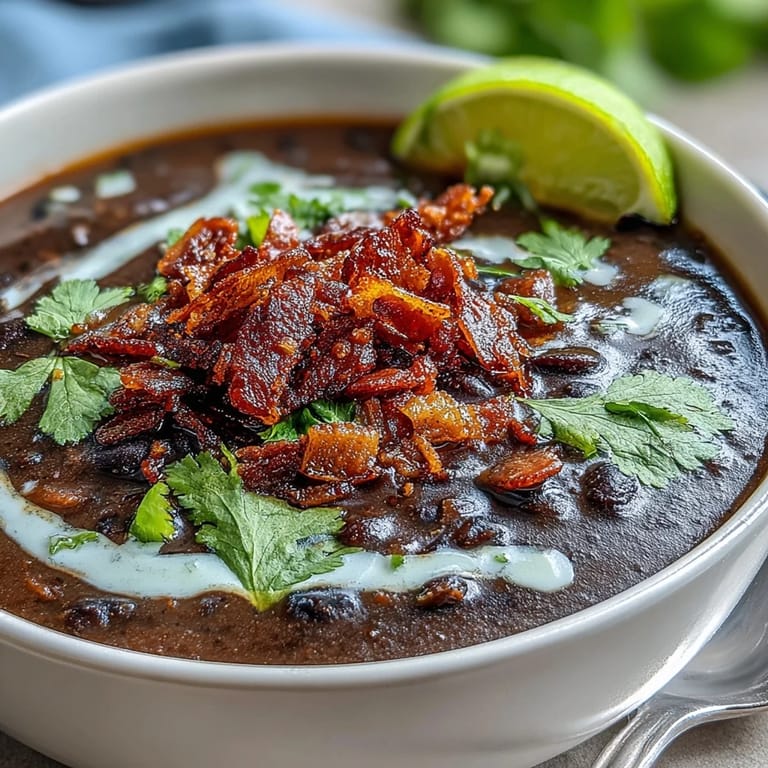 Velvety black bean soup with smoky spices, crunchy bacon bits, and a tangy lime crema swirl—comfort food at its best.  