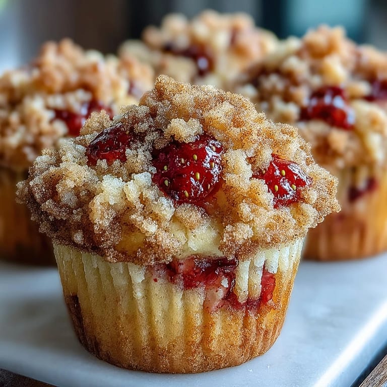 Buttery crumb-topped muffins bursting with tangy sourdough flavor and sweet strawberries, ideal for morning coffee or an afternoon snack.