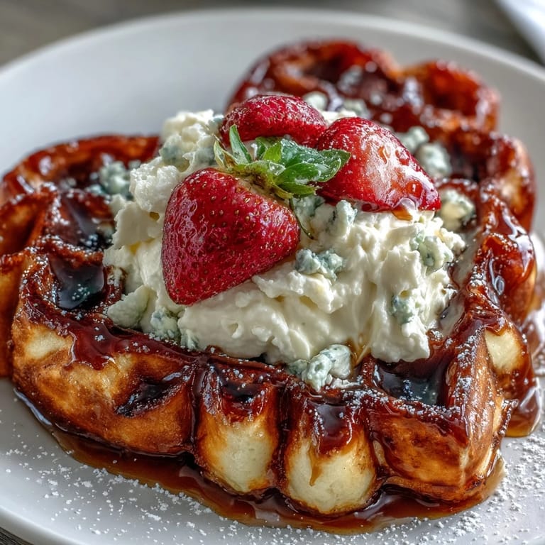 Fluffy heart-shaped waffles topped with a light cottage cheese whip and sweet macerated strawberries for a romantic brunch.  