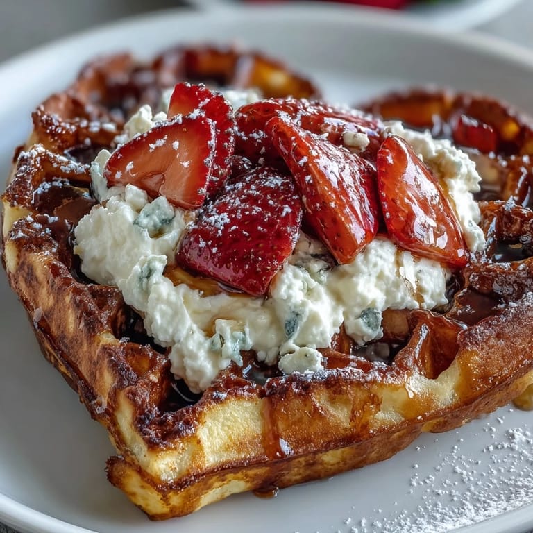 Crispy golden heart-shaped waffles served with a smooth cottage cheese whip and juicy fresh strawberries for a healthy start.
