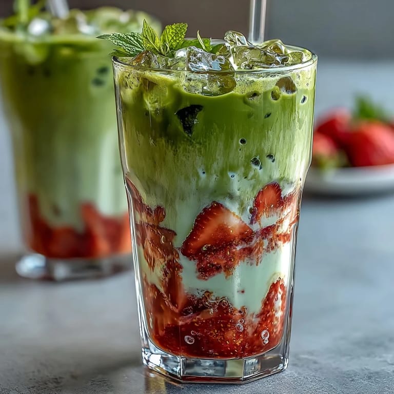 Refreshing vegan Strawberry Matcha Iced Latte with oat milk, featuring a beautiful gradient of pink strawberry, green matcha, and white milk, garnished with fresh strawberries.