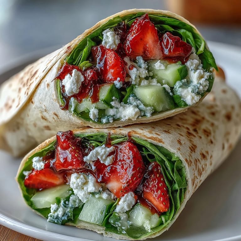 Delicious vegetarian wraps featuring fresh strawberries, tender spinach, tangy goat cheese, and balsamic glaze, rolled in whole wheat tortillas.