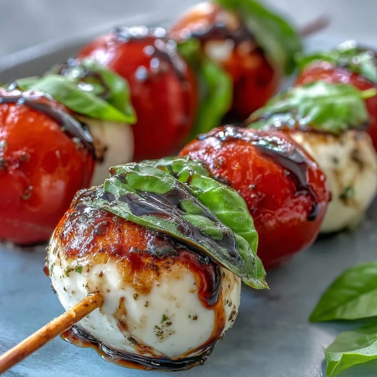 Easy picnic caprese skewers showcasing ripe cherry tomatoes, soft mozzarella, and aromatic basil leaves, lightly drizzled with rich balsamic glaze.