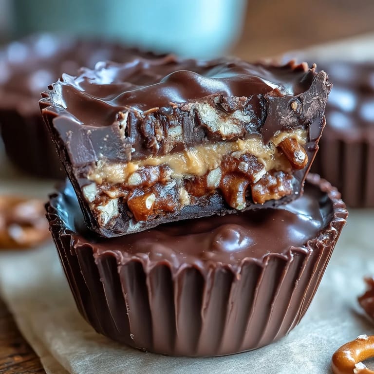 Sweet and salty homemade peanut butter cups featuring a crunchy pretzel base and smooth chocolate layer.  