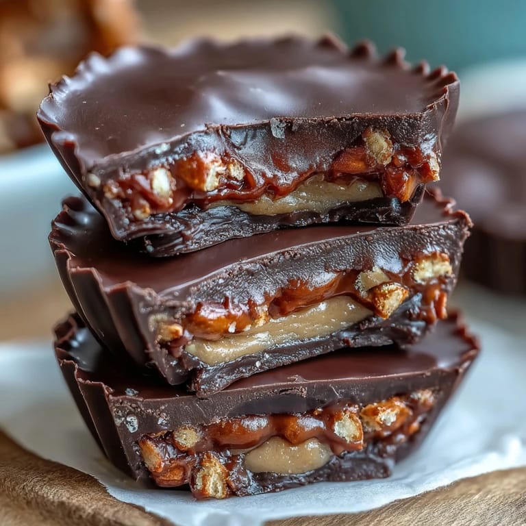 Delicious homemade peanut butter cups with pretzels, creamy filling, and melted chocolate—perfect for dessert.