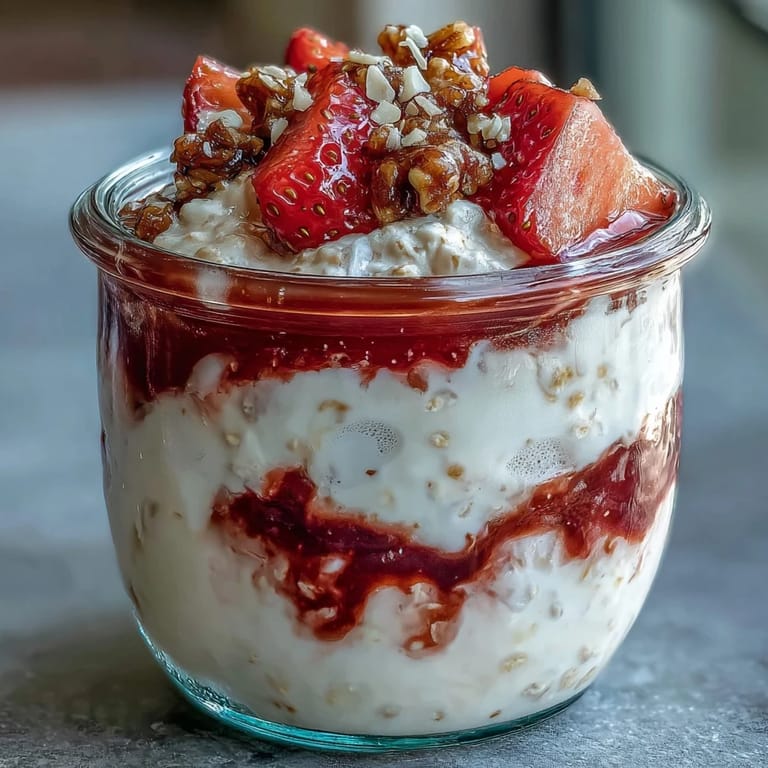 Creamy Greek yogurt and rolled oats combined with a homemade strawberry swirl for a nutritious morning treat.  
