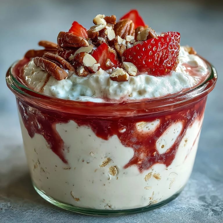 Airtight jar filled with fluffy overnight oats and a bright strawberry swirl, topped with fresh fruit and nuts.