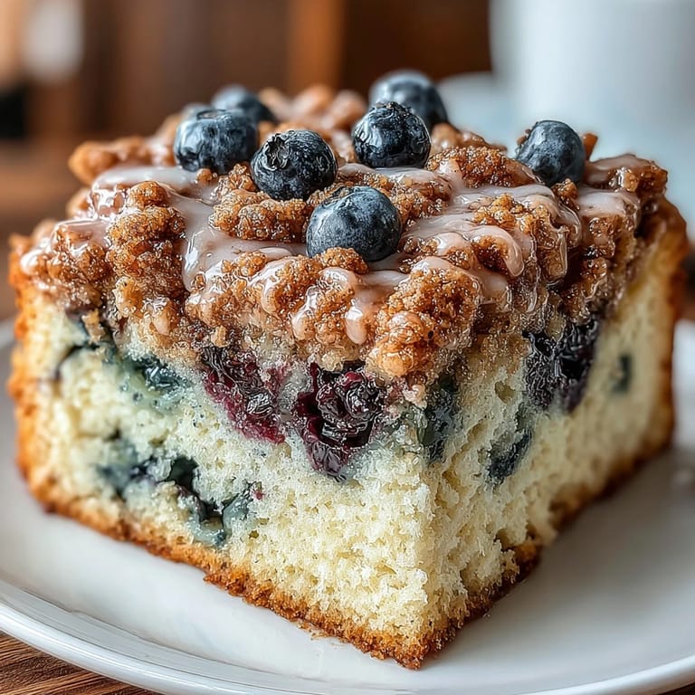 A slice of tangy lemon blueberry sourdough coffee cake topped with crunchy cinnamon streusel, perfect for a cozy morning treat.