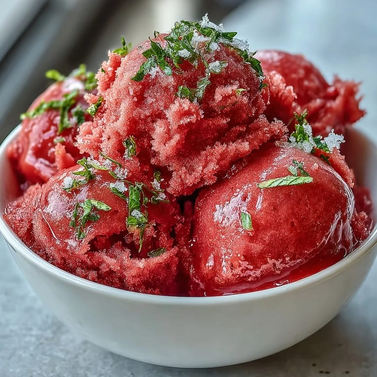 Creamy strawberry daiquiri sorbet featuring bright lime zest, served in bowls with a sprig of fresh mint for garnish.