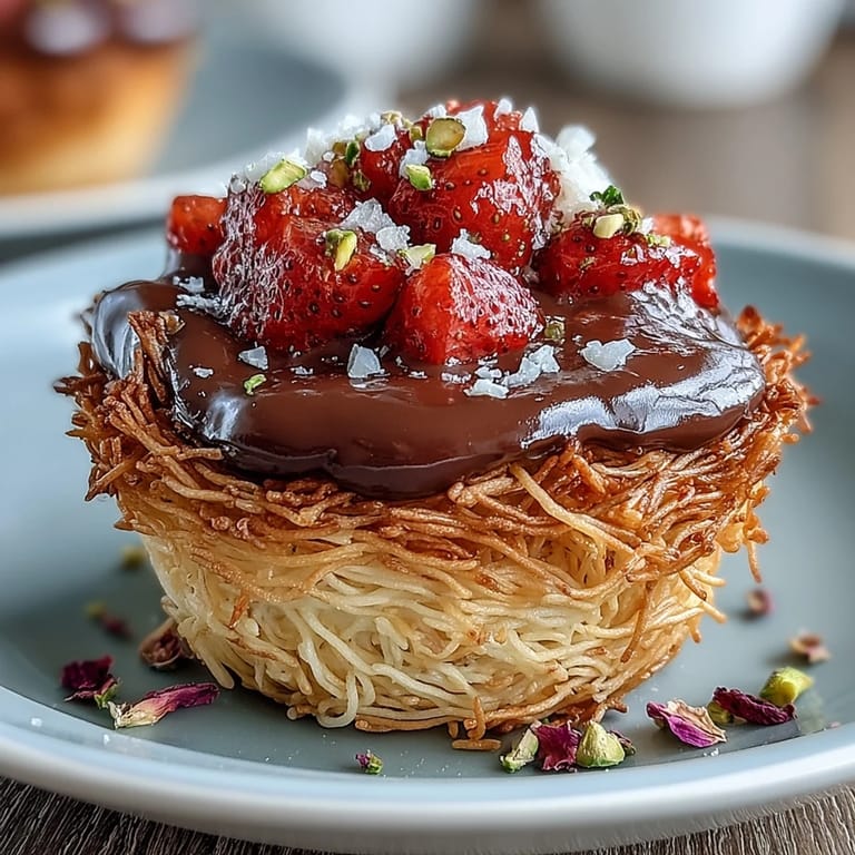 Crispy kataifi nests filled with fresh strawberries, dark chocolate ganache, and aromatic rose syrup, perfect for elegant gatherings.
