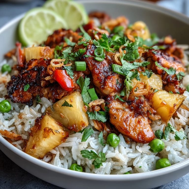 Flavorful Coconut Pineapple Chicken Rice Bowls featuring tender marinated chicken, tropical pineapple, and jasmine coconut rice, topped with cilantro and green onions.