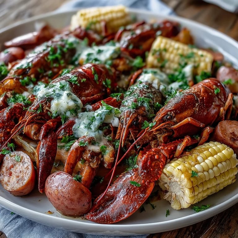 Fresh crawfish, corn on the cob, and red potatoes served on a newspaper-lined table, bursting with Cajun flavor.