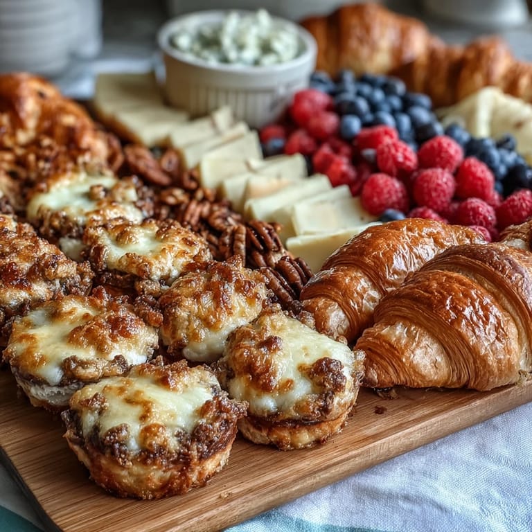 Elegant Mothers Day brunch spread featuring golden mini quiches, seasonal fruit, nuts, and pastries arranged for easy sharing.