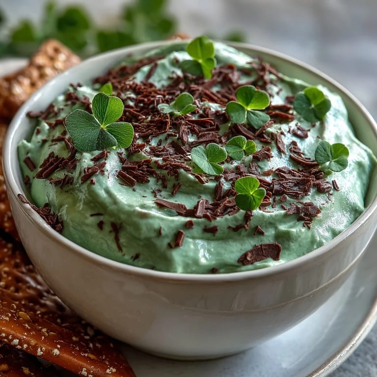 Festive green mint dip loaded with mini chocolate chips and topped with shamrock sprinkles, served with cookies for dipping.