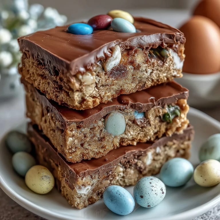 Chewy cookie bars studded with colorful pastel M&Ms and chunks of Cadbury mini eggs, ideal for Easter dessert tables.