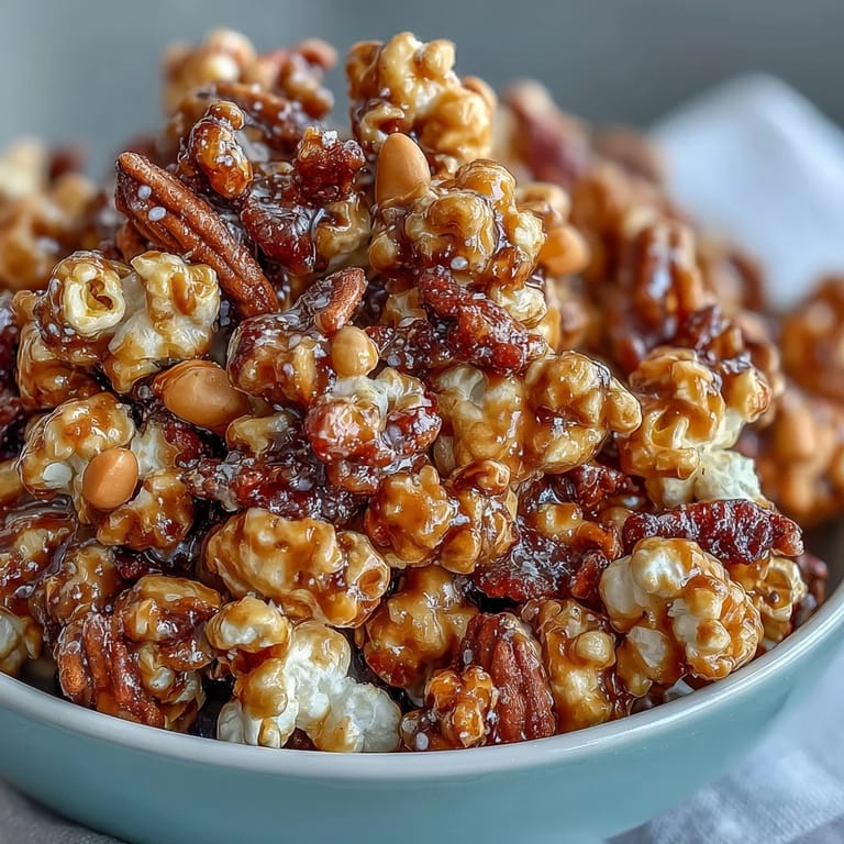 Crunchy popcorn and peanut mix coated in rich caramel, served in a festive bowl for sports celebrations.