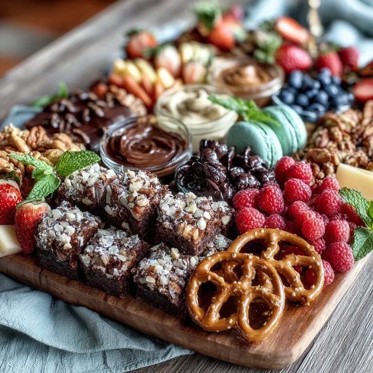 An eye-catching dessert spread featuring assorted mini cakes, macarons, and chocolate truffles arranged artfully on a wooden board for festive gatherings.