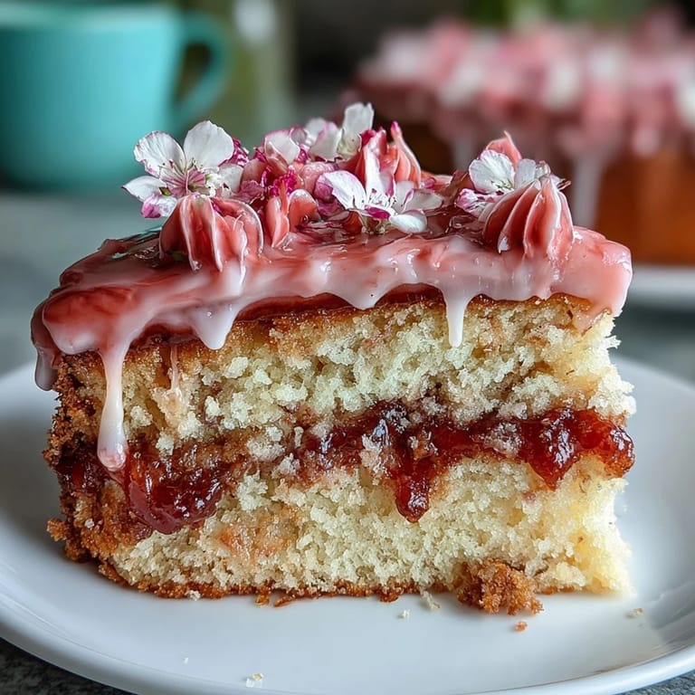Layered vanilla sponge cake with smooth pink gradient frosting and fresh floral accents, ideal for Mothers Day brunch.