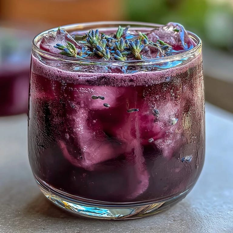 Cool and refreshing lavender lemonade refresher with a deep purple color, garnished with fresh mint and lemon slices for a stunning presentation.