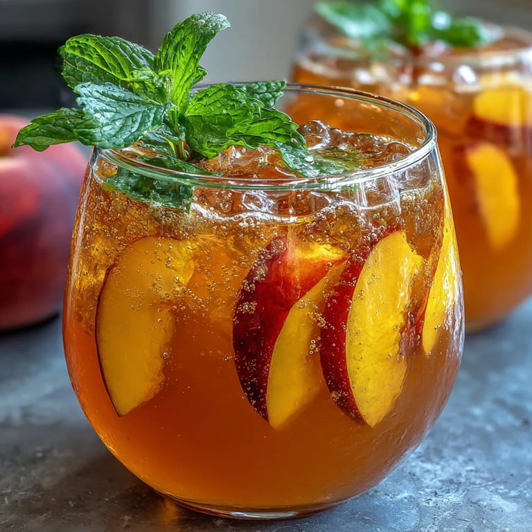 Vibrant mango-peach tea with a fizzy sparkle, served over ice with fresh fruit and mint for a cooling summer beverage.
