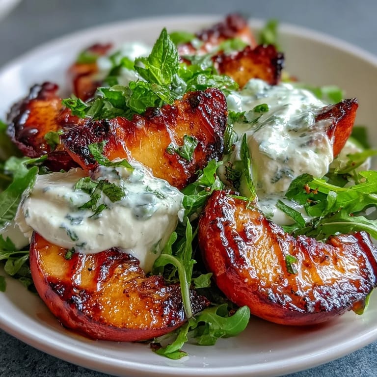 Sweet caramelized peaches paired with soft burrata, fresh basil, and honey for a refreshing summer salad.