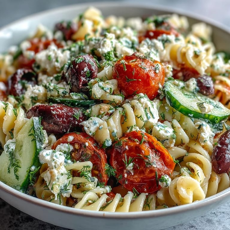 Greek-inspired summer pasta salad with juicy tomatoes, crisp cucumbers, and briny Kalamata olives, tossed in zesty dressing.  