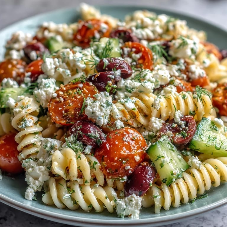 Vibrant Greek summer pasta salad with al dente pasta, fresh herbs, and tangy feta for a light, satisfying meal.