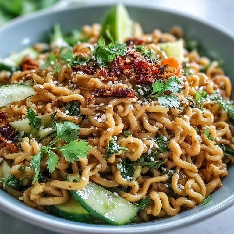 Cold sesame noodle bowl with julienned carrots and cucumber, drizzled with savory sesame-ginger sauce for a refreshing summer meal.  
