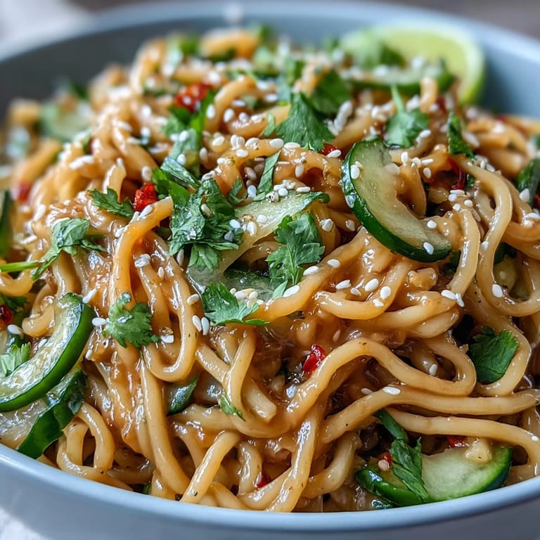 Creamy sesame sauce coats cold wheat noodles, topped with crunchy cucumber, vibrant carrots, and fresh cilantro for an Asian-inspired noodle dish.