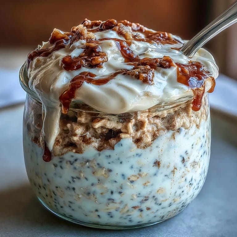 Glass jar filled with High-Protein Cinnamon Roll Overnight Oats, served on a rustic table with a wooden spoon.