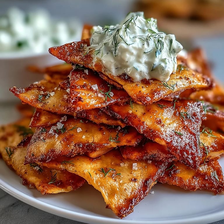 Homemade pita chips with tzatziki — crunchy baked pita triangles alongside a cool, tangy cucumber yogurt dip perfect for summer.