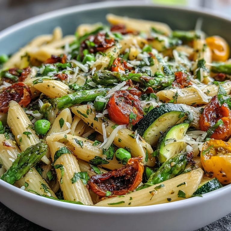 Bright and healthy Spring Pasta Primavera featuring crisp asparagus, zucchini, and cherry tomatoes tossed with al dente pasta.