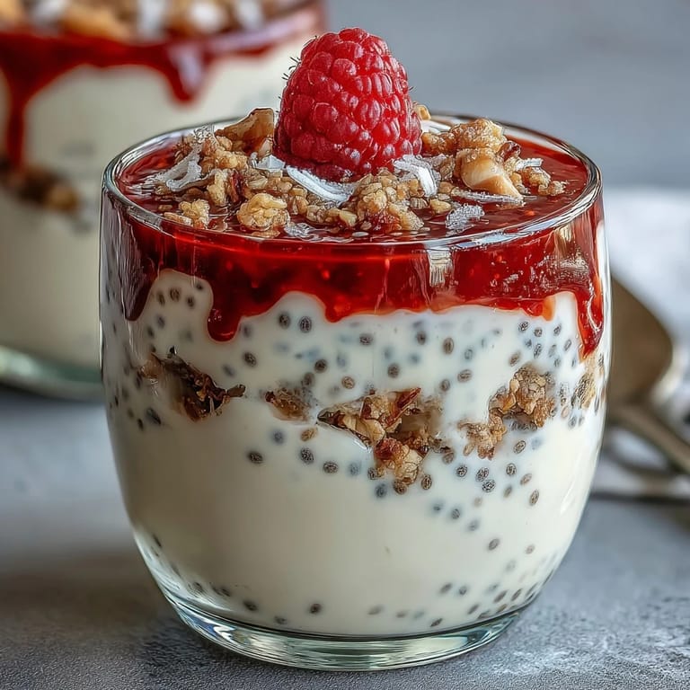 Bright lemon chia pudding parfait topped with fresh raspberries, granola, and a drizzle of raspberry compote for a vibrant treat.