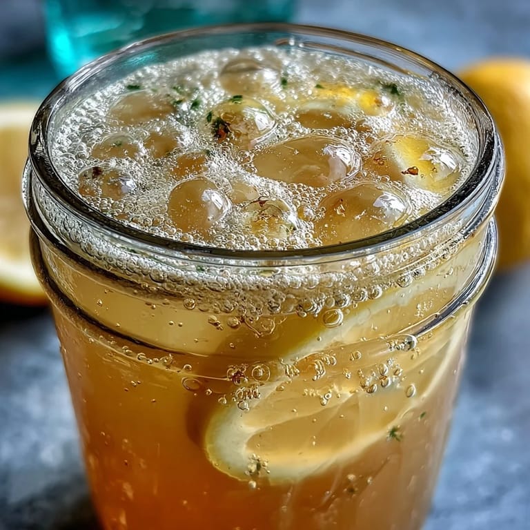 Close-up view of homemade sparkling fermented lemonade showing golden hue and lively effervescence.  