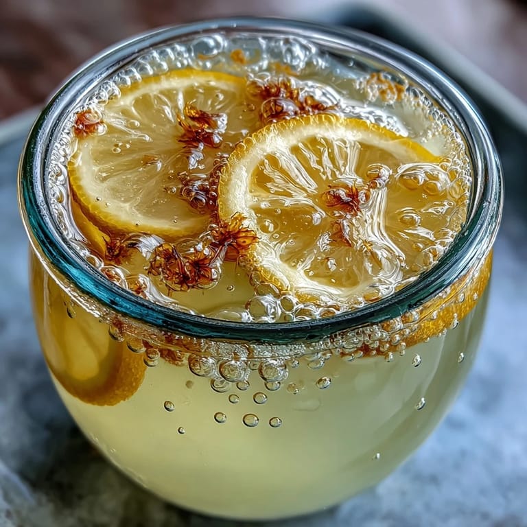 Homemade sparkling fermented lemonade served over ice with fresh lemon slices and a sprig of mint.