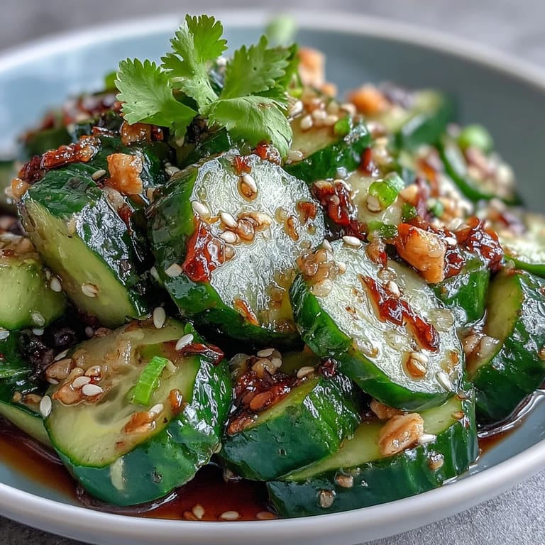 Crunchy smashed cucumber salad tossed in tangy rice vinegar, chili oil, and sesame dressing for bold Asian-inspired flavor.