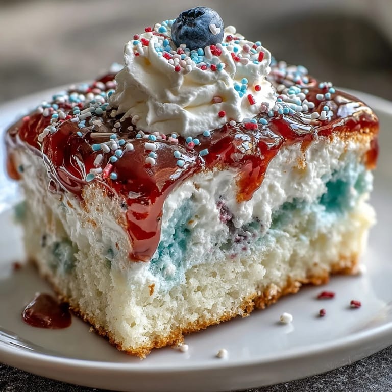 Festive red white blue poke cake featuring bold gelatin stripes and creamy topping, ideal for holiday cookouts and family gatherings.