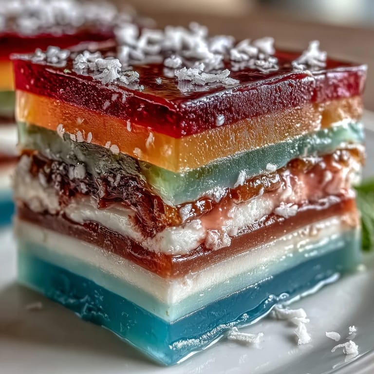 Layered agar-agar rainbow jelly cake with silky coconut cream, featuring bold colors and a dairy-free, gluten-free dessert perfect for summer.