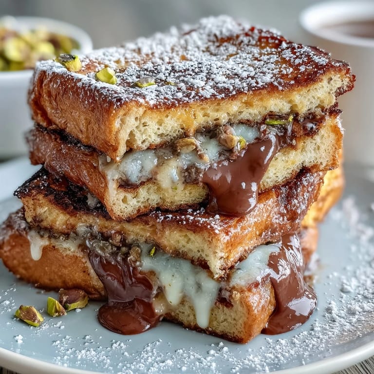 Decadent breakfast dish featuring buttery croissants soaked in vanilla custard, filled with melted chocolate, and garnished with chopped pistachios.