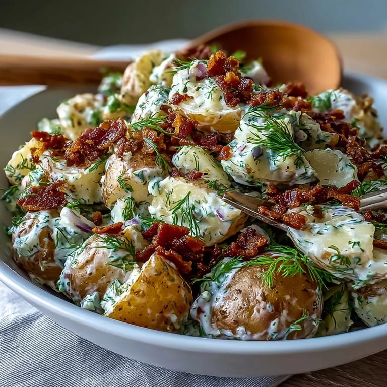 A hearty potato salad with Yukon Gold potatoes, crisp bacon, and zesty mustard dressing, perfect for barbecues.