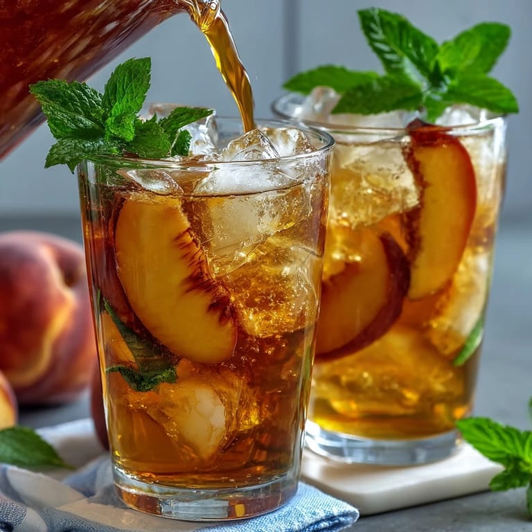 Homemade iced peach green tea lemonade served in a mason jar with fresh peach and mint, perfect for warm days.
