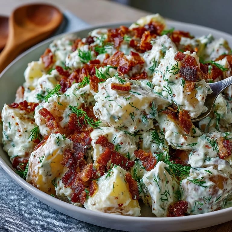 Creamy potato salad with crunchy celery, red onion, and crumbled bacon, garnished with dill for a festive side.  